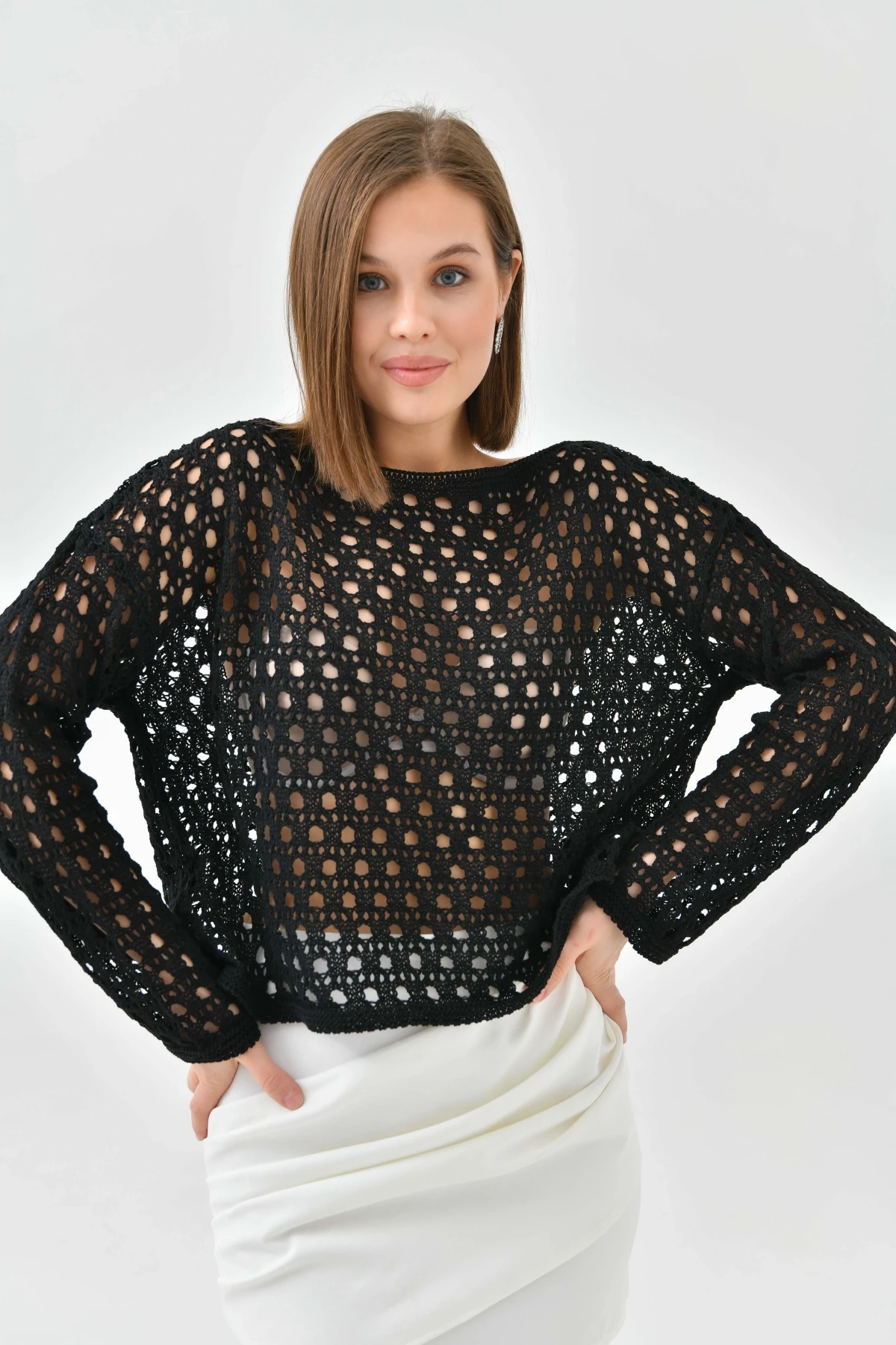 Kadın Kayık Yaka Örgü Detay Triko Kazak