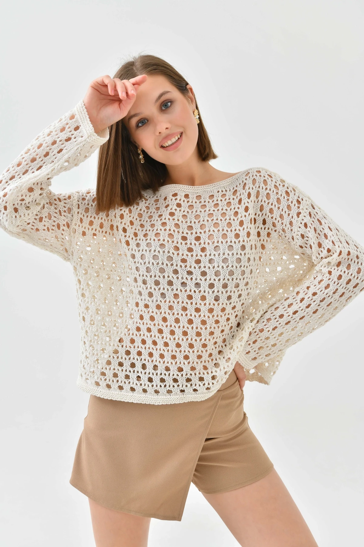 Kadın Kayık Yaka Örgü Detay Triko Kazak