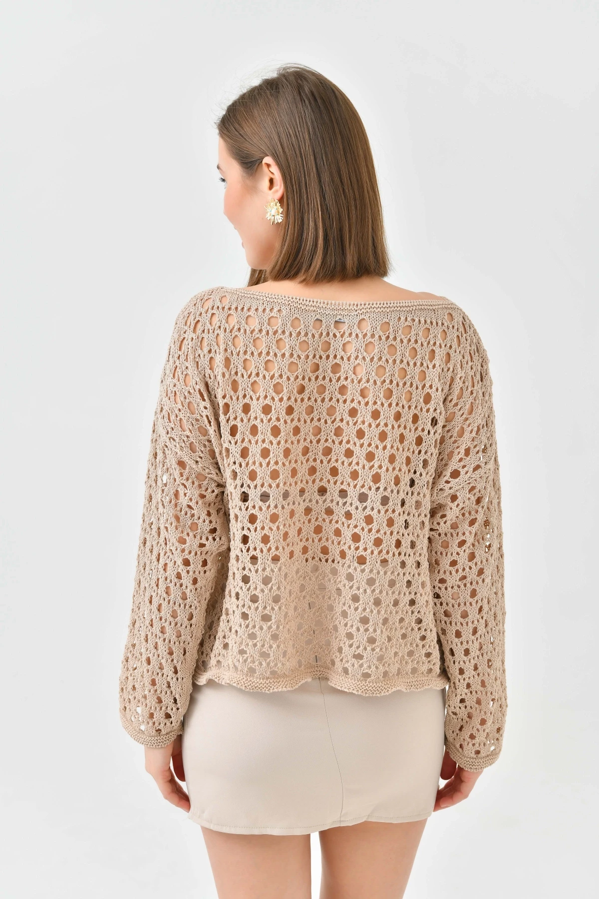 Kadın Kayık Yaka Örgü Detay Triko Kazak