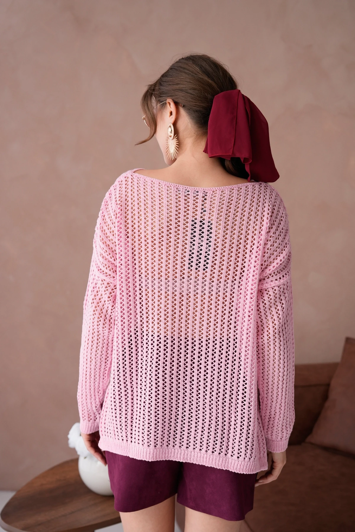 Kadın Kayık Yaka Örgü Detay Yırtmaçlı Triko Kazak