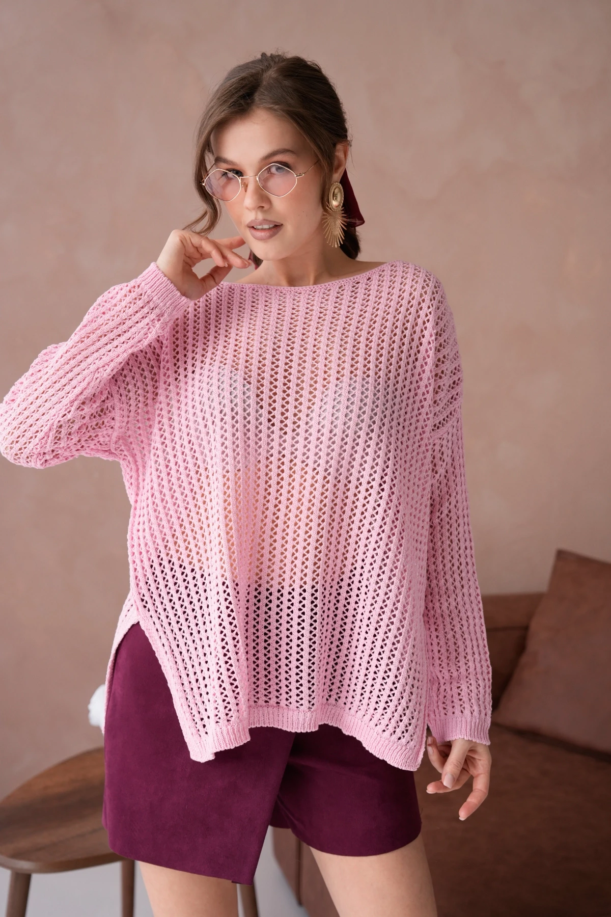 Kadın Kayık Yaka Örgü Detay Yırtmaçlı Triko Kazak