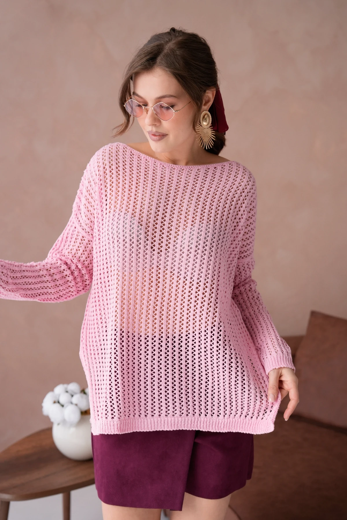 Kadın Kayık Yaka Örgü Detay Yırtmaçlı Triko Kazak