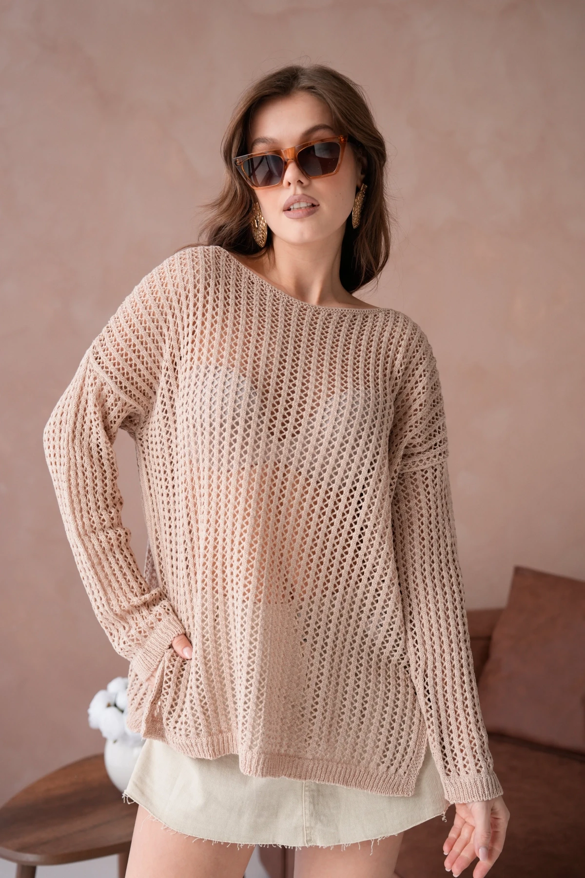 Kadın Kayık Yaka Örgü Detay Yırtmaçlı Triko Kazak