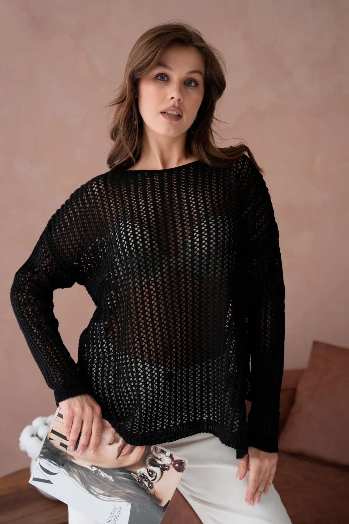 Kadın Kayık Yaka Örgü Detay Yırtmaçlı Triko Kazak