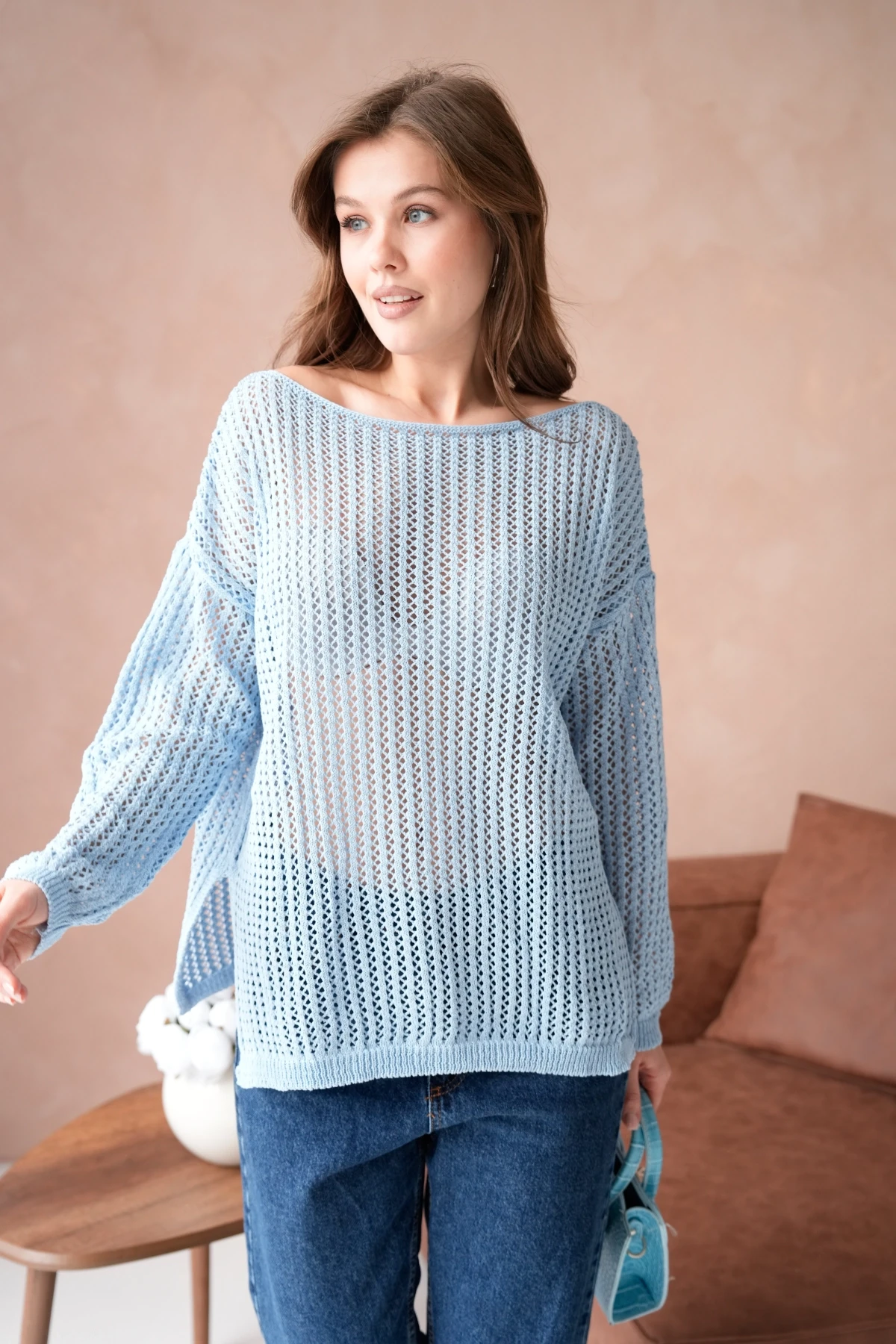 Kadın Kayık Yaka Örgü Detay Yırtmaçlı Triko Kazak