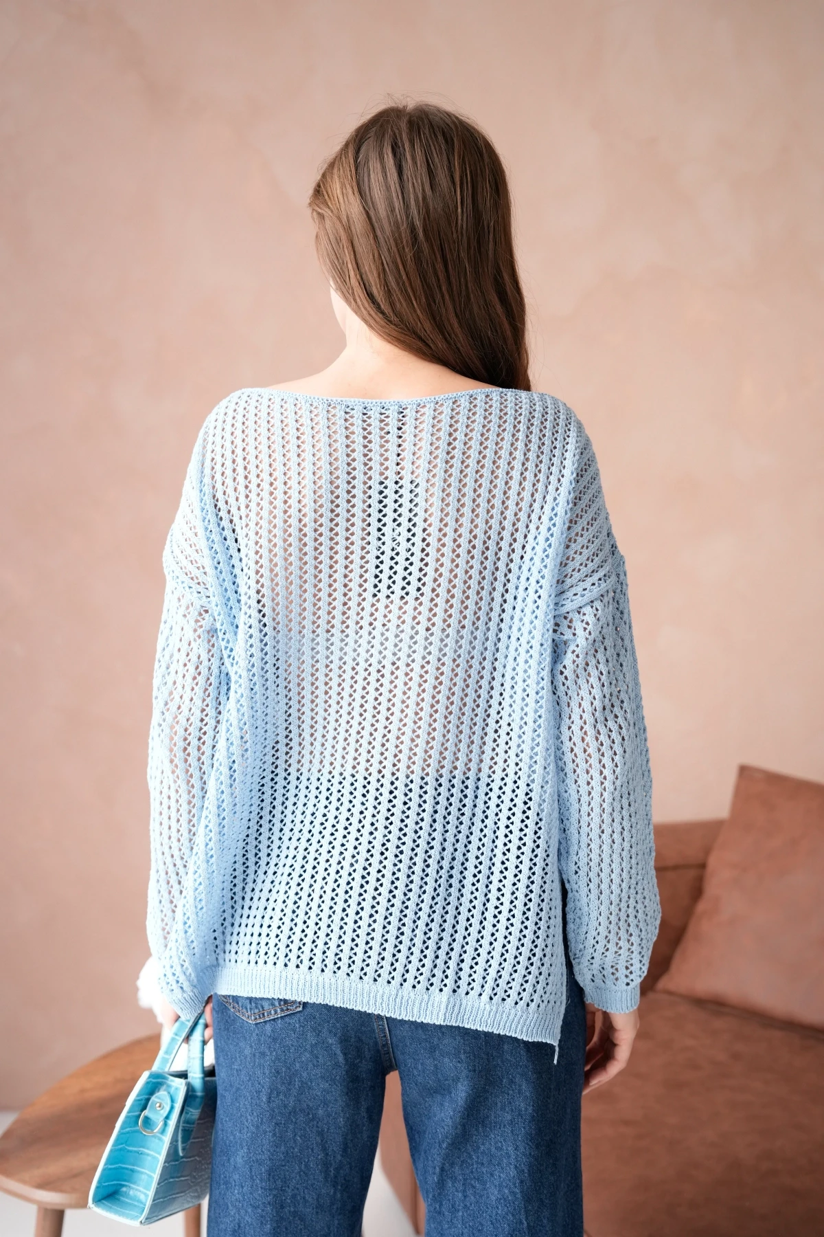 Kadın Kayık Yaka Örgü Detay Yırtmaçlı Triko Kazak