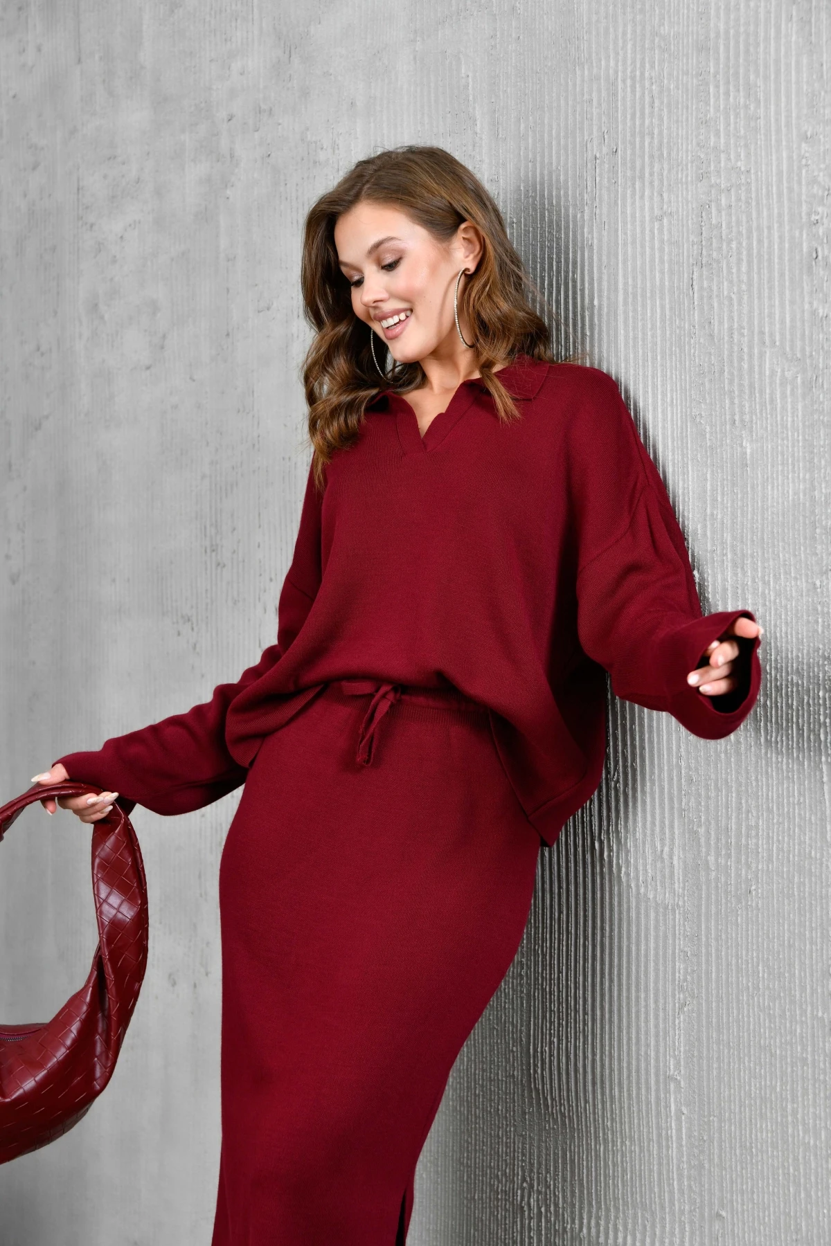 Kadın Polo Yaka Yarım Pat Oversize Kazak Pantolon Triko Alt-Üst Takım