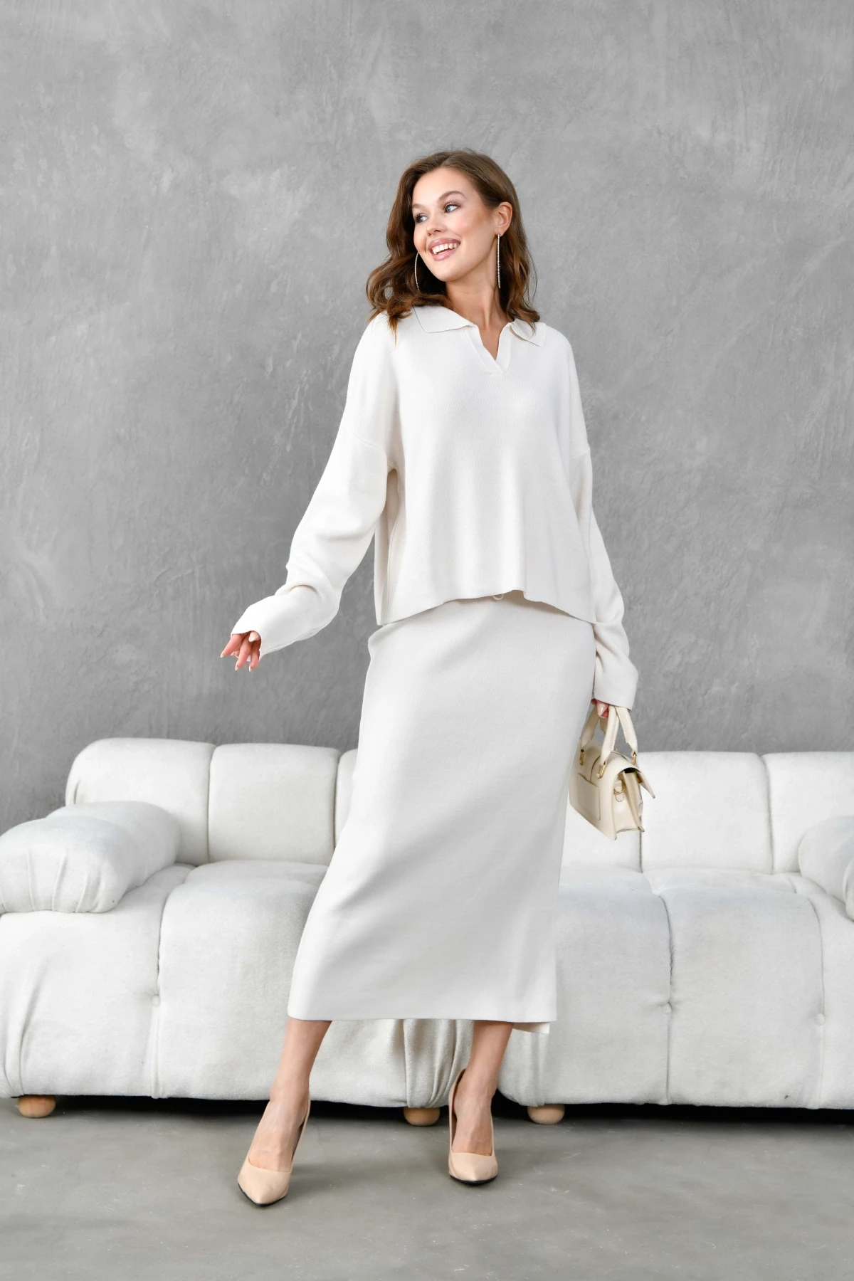 Kadın Polo Yaka Yarım Pat Oversize Kazak Pantolon Triko Alt-Üst Takım