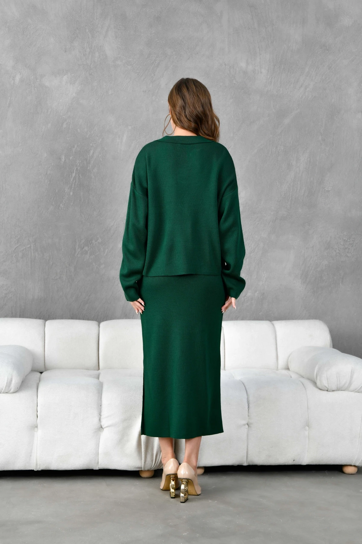 Kadın Polo Yaka Yarım Pat Oversize Kazak Pantolon Triko Alt-Üst Takım