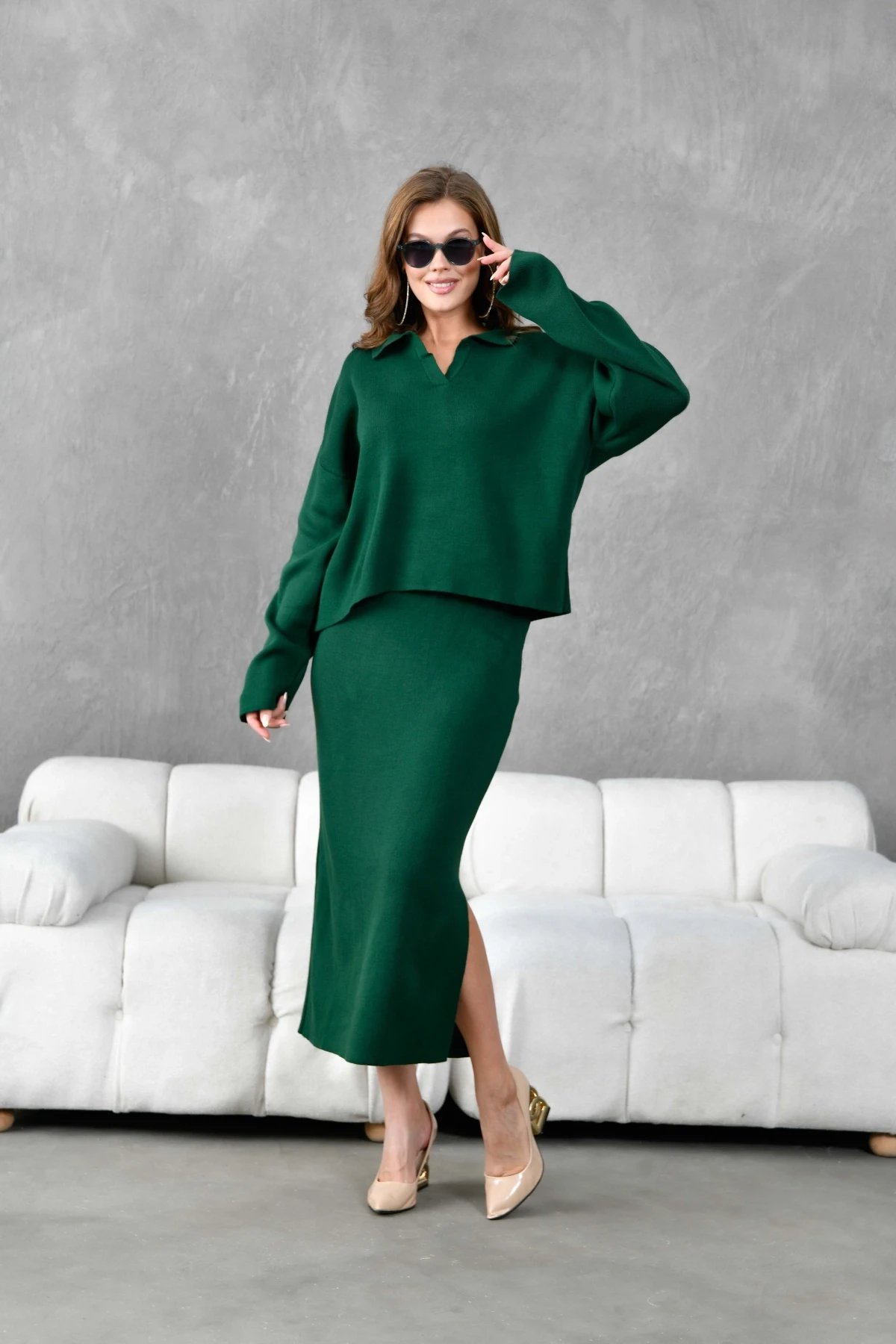 Kadın Polo Yaka Yarım Pat Oversize Kazak Pantolon Triko Alt-Üst Takım