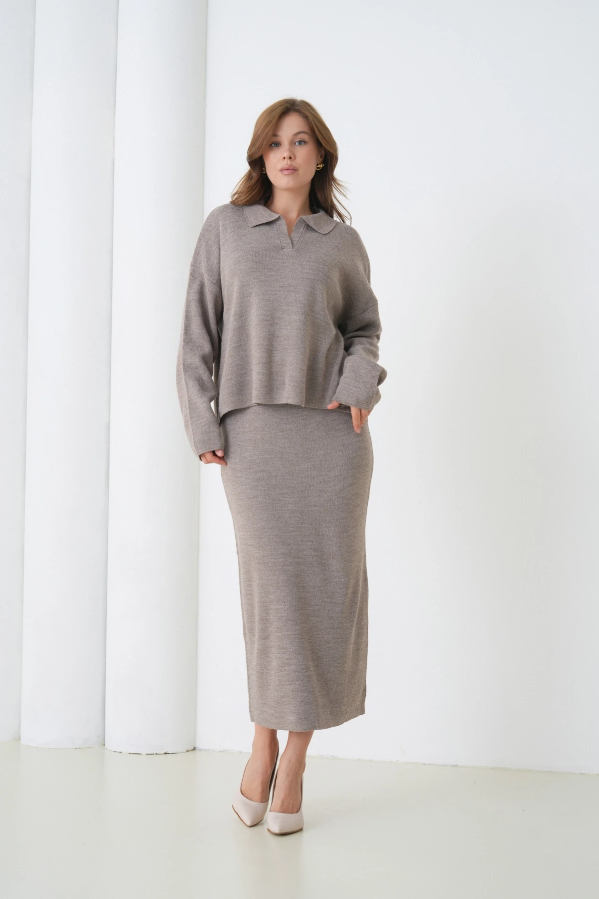 Kadın Polo Yaka Yarım Pat Oversize Kazak Pantolon Triko Alt-Üst Takım