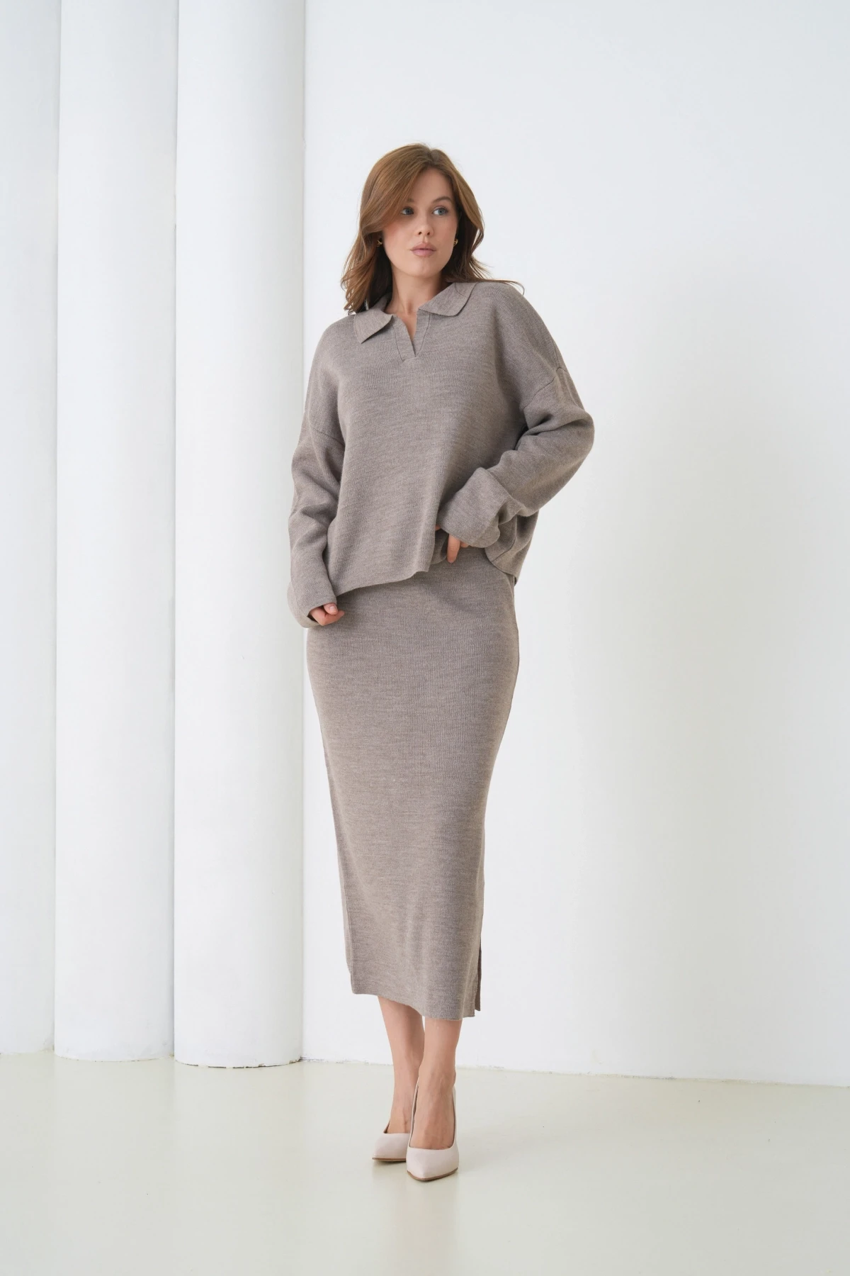 Kadın Polo Yaka Yarım Pat Oversize Kazak Pantolon Triko Alt-Üst Takım