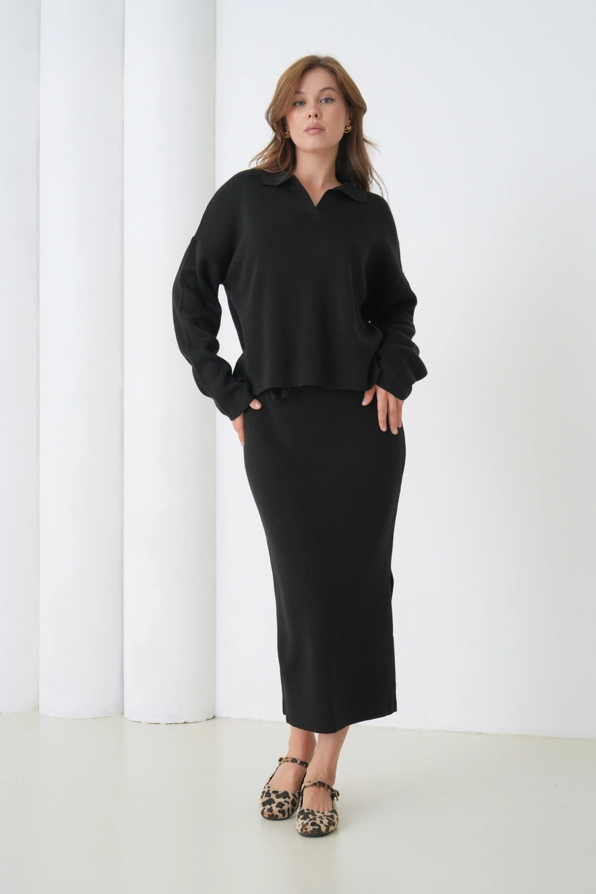 Kadın Polo Yaka Yarım Pat Oversize Kazak Pantolon Triko Alt-Üst Takım