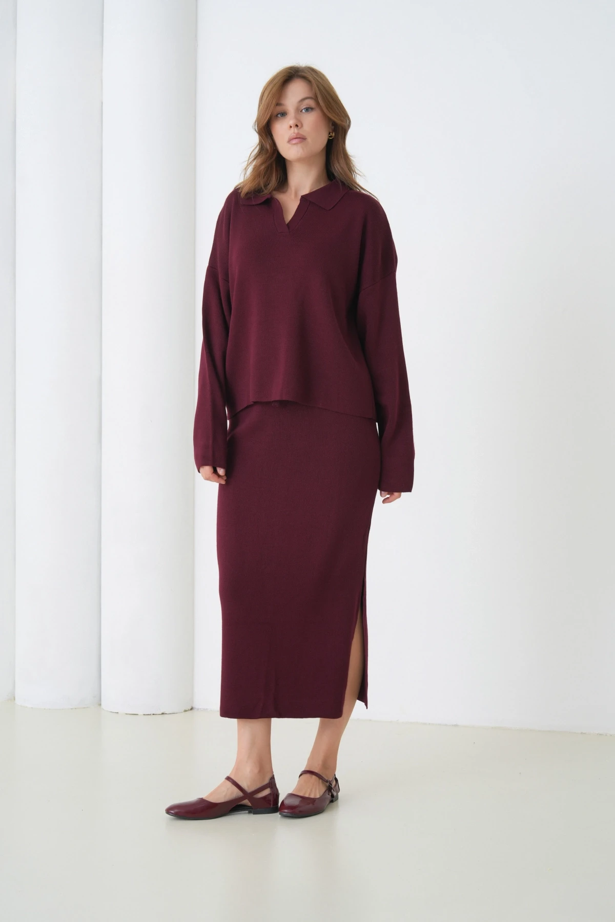 Kadın Polo Yaka Yarım Pat Oversize Kazak Pantolon Triko Alt-Üst Takım