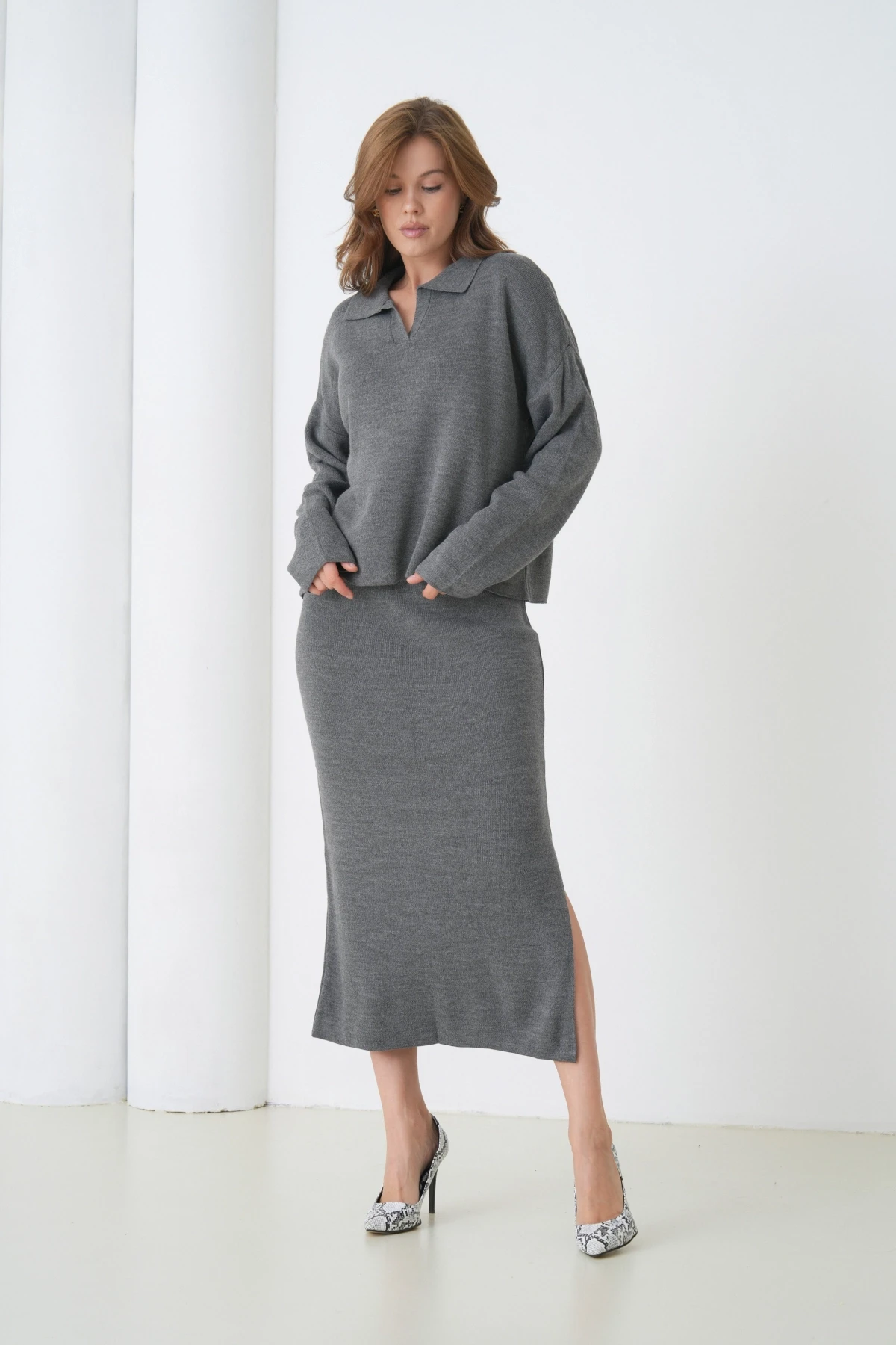 Kadın Polo Yaka Yarım Pat Oversize Kazak Pantolon Triko Alt-Üst Takım