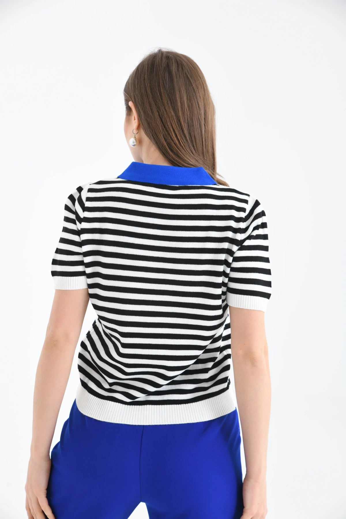 Kadın Polo Yaka Çizgili Triko Kazak