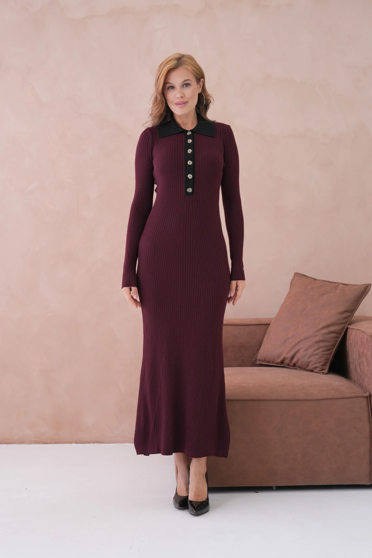 Kadın Polo Yaka Düğme Detay Kaşkorse Uzun Triko Elbise