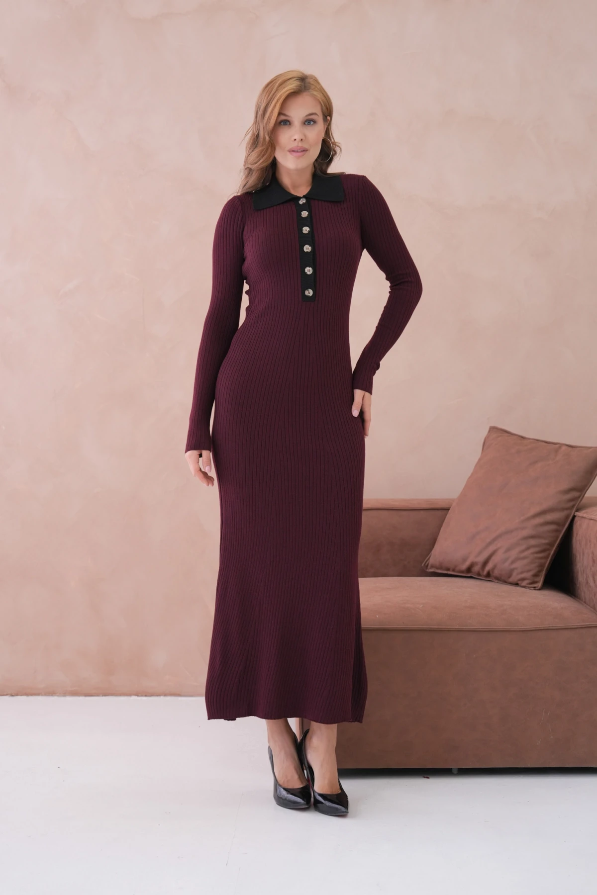 Kadın Polo Yaka Düğme Detay Kaşkorse Uzun Triko Elbise