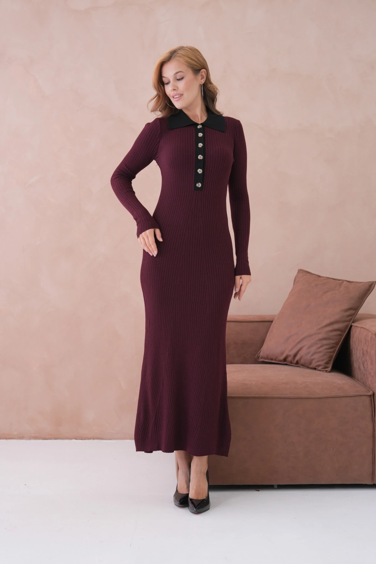 Kadın Polo Yaka Düğme Detay Kaşkorse Uzun Triko Elbise