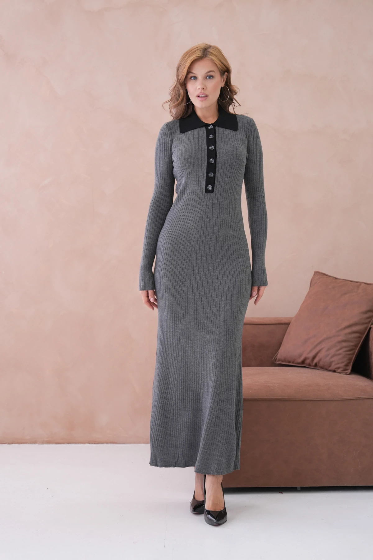 Kadın Polo Yaka Düğme Detay Kaşkorse Uzun Triko Elbise