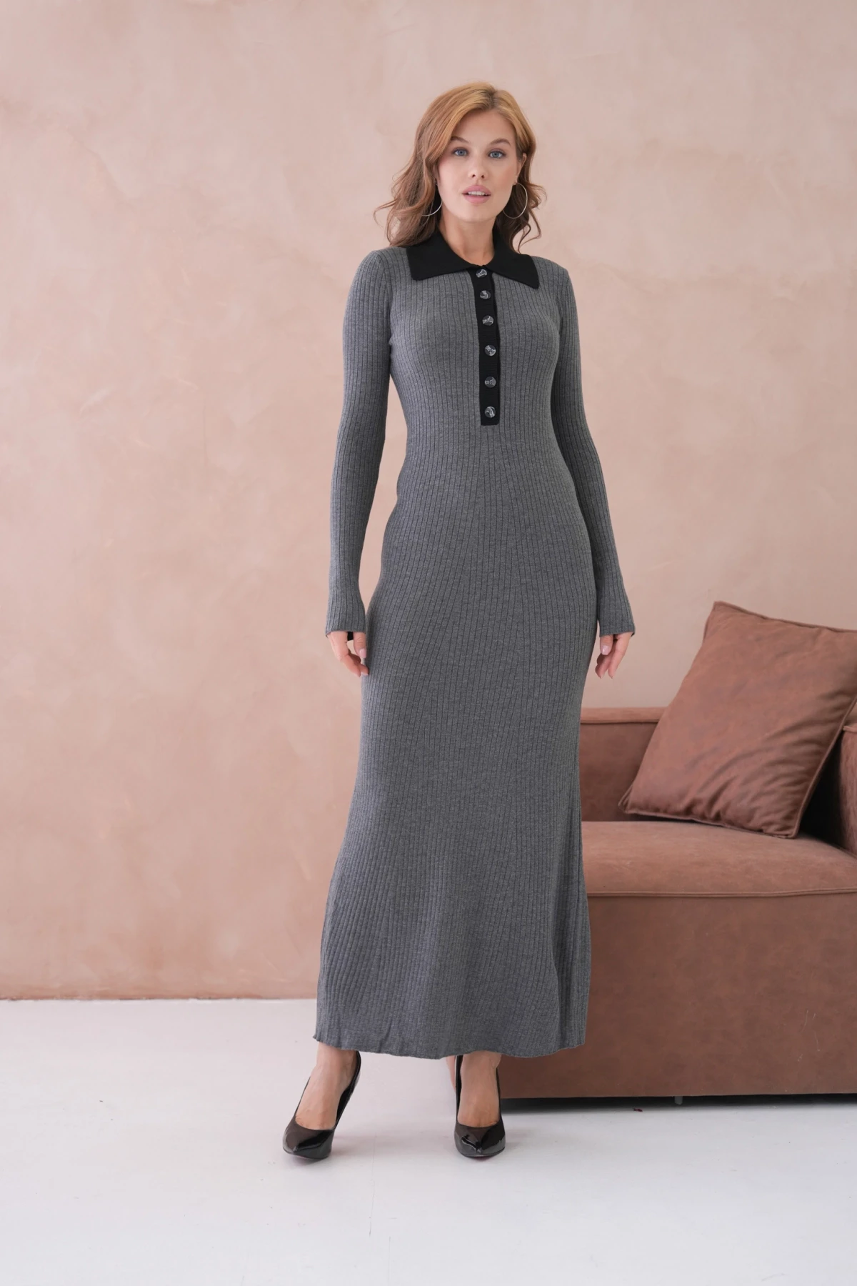 Kadın Polo Yaka Düğme Detay Kaşkorse Uzun Triko Elbise