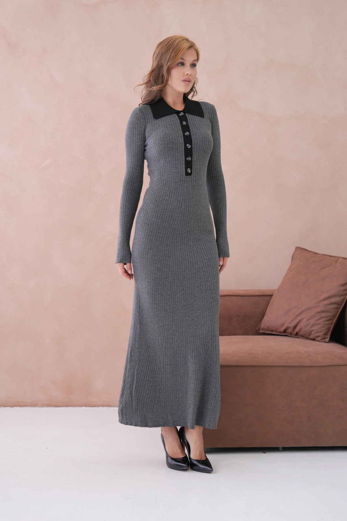 Kadın Polo Yaka Düğme Detay Kaşkorse Uzun Triko Elbise