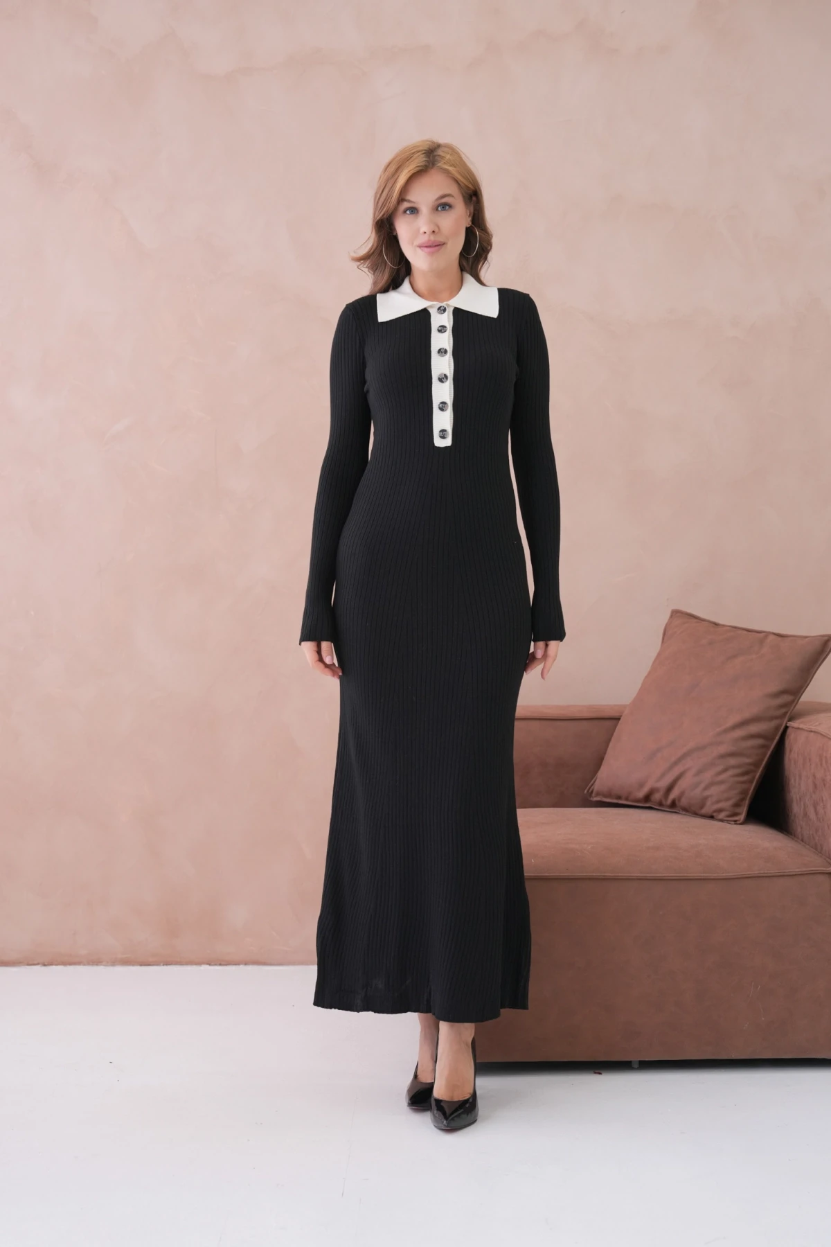 Kadın Polo Yaka Düğme Detay Kaşkorse Uzun Triko Elbise