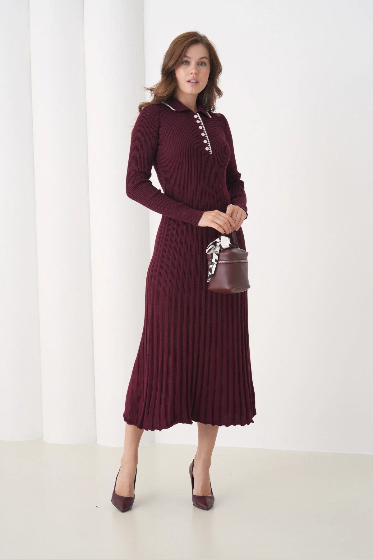 Kadın Polo Yaka Düğme Detay Kaşkorse Uzun Triko Elbise