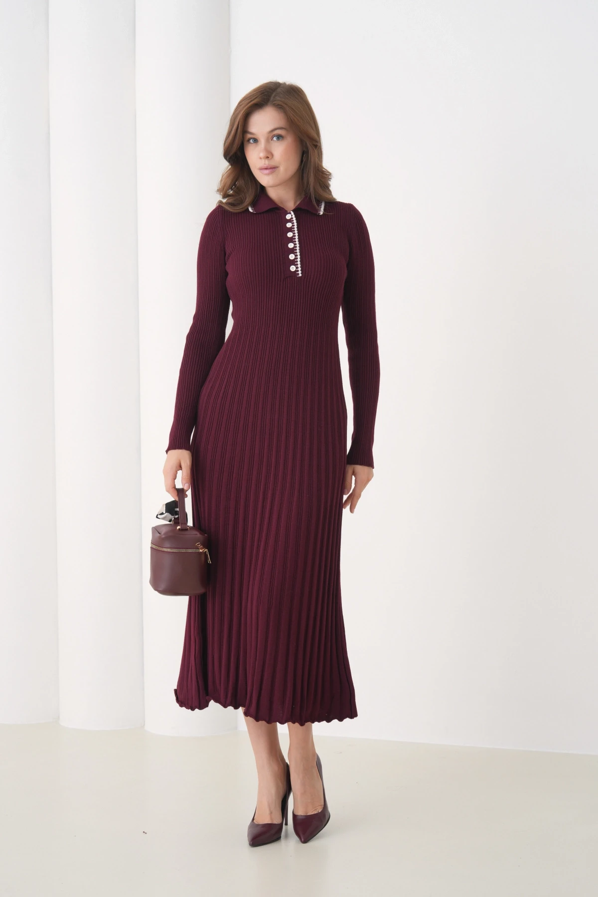 Kadın Polo Yaka Düğme Detay Kaşkorse Uzun Triko Elbise