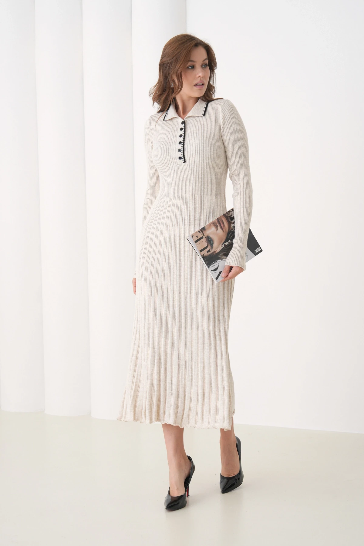 Kadın Polo Yaka Düğme Detay Kaşkorse Uzun Triko Elbise