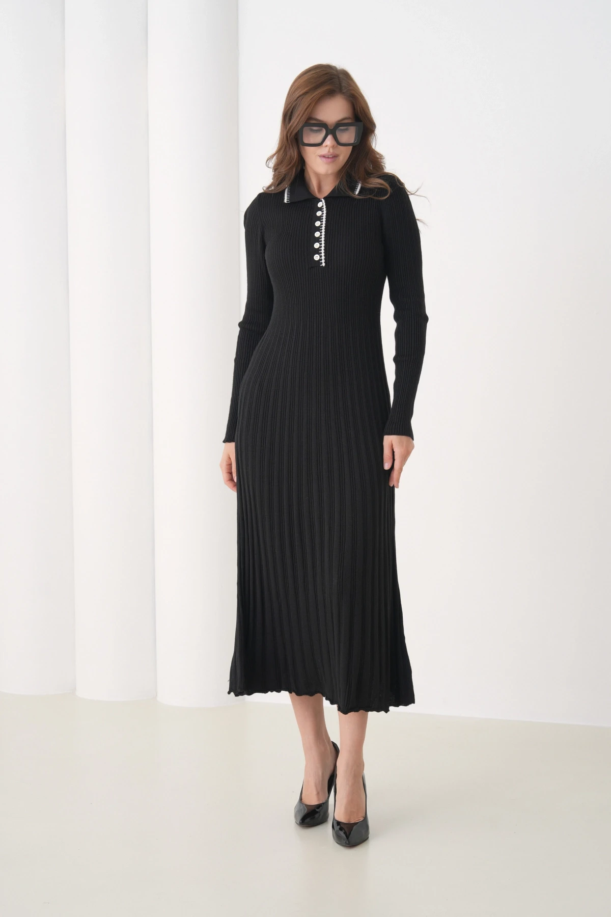 Kadın Polo Yaka Düğme Detay Kaşkorse Uzun Triko Elbise