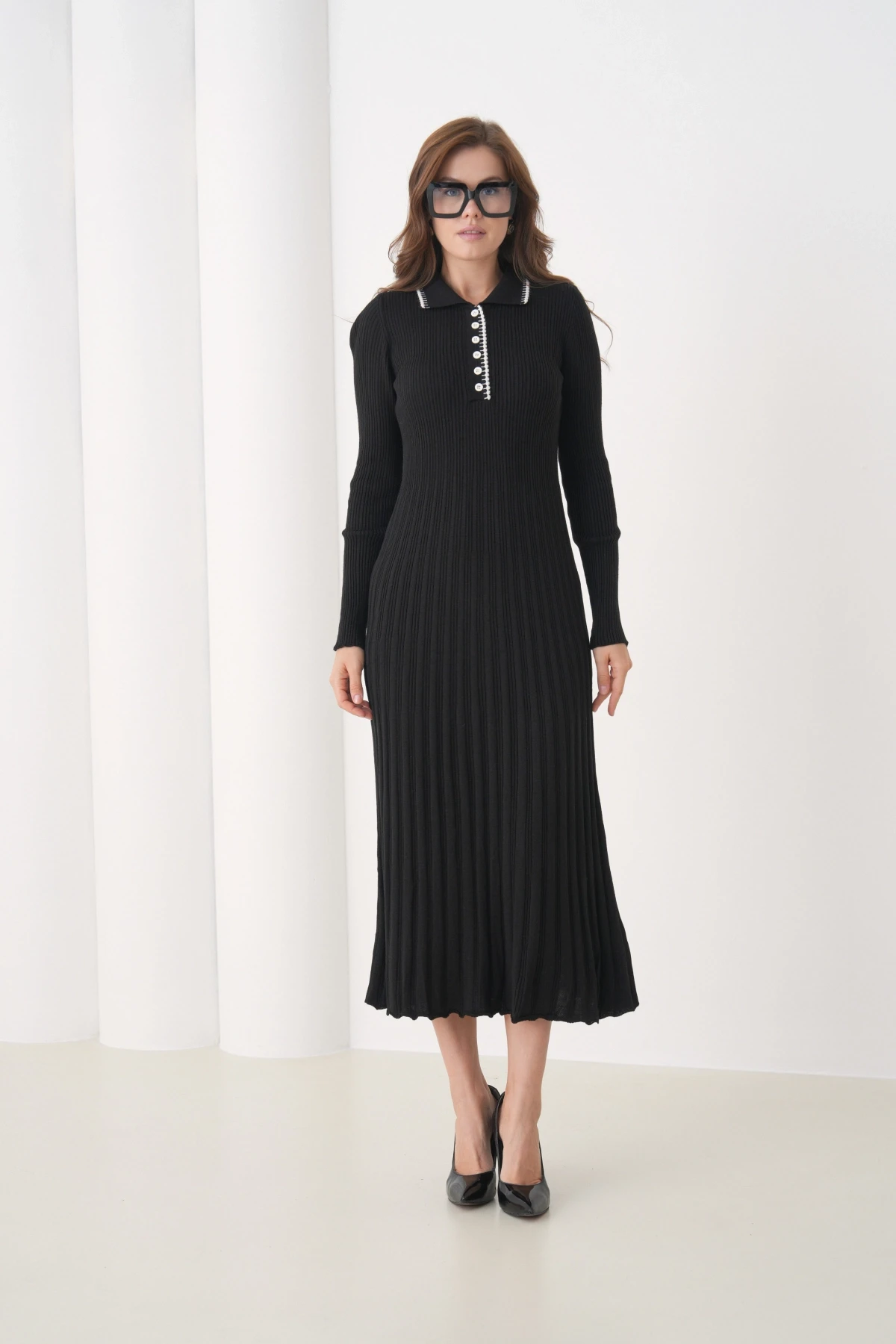 Kadın Polo Yaka Düğme Detay Kaşkorse Uzun Triko Elbise