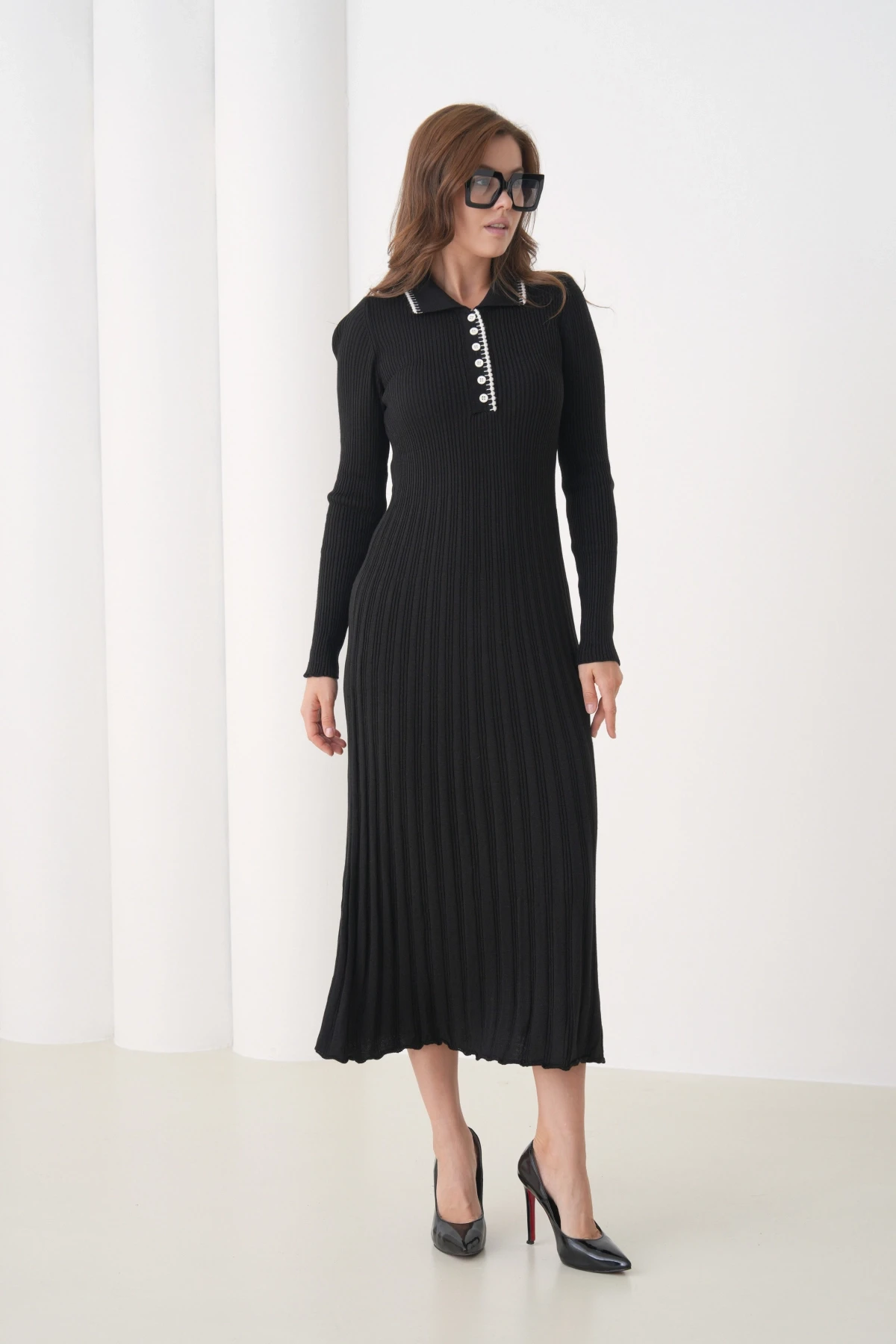 Kadın Polo Yaka Düğme Detay Kaşkorse Uzun Triko Elbise