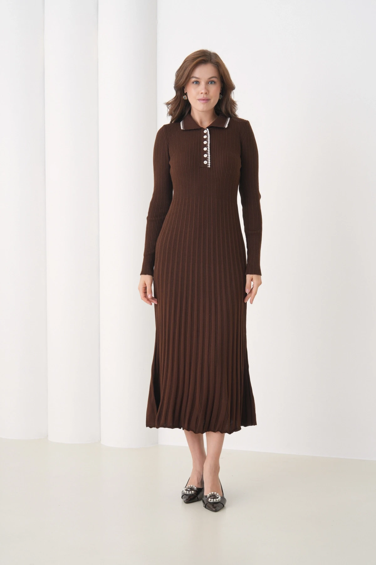 Kadın Polo Yaka Düğme Detay Kaşkorse Uzun Triko Elbise