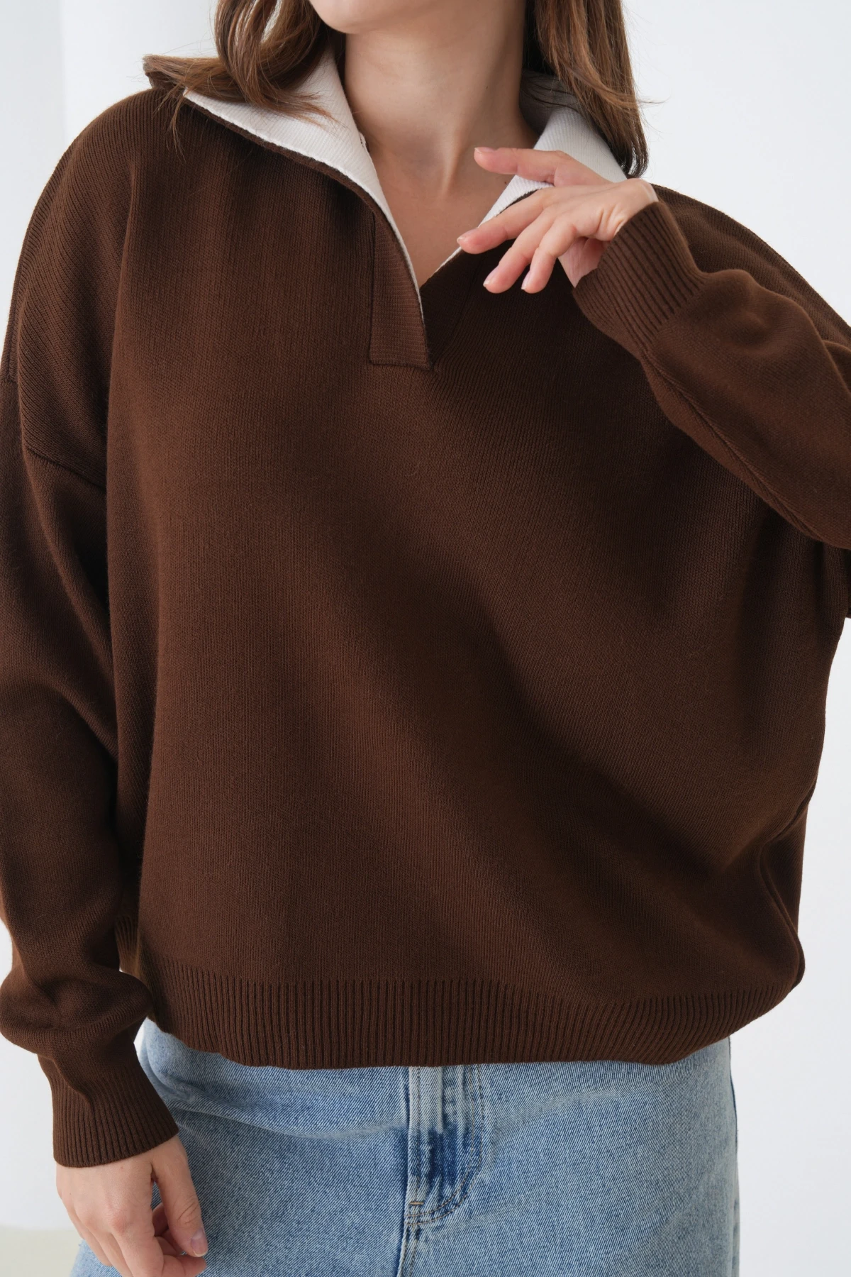 Kadın Polo Yaka Garnili Yumuşak Dokulu Triko Kazak