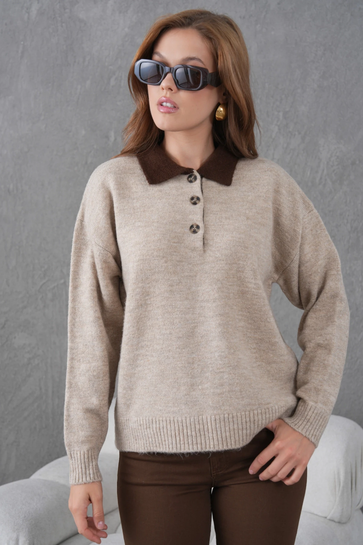 Kadın Polo Yaka Yarım Pat Düğmeli Triko Kazak