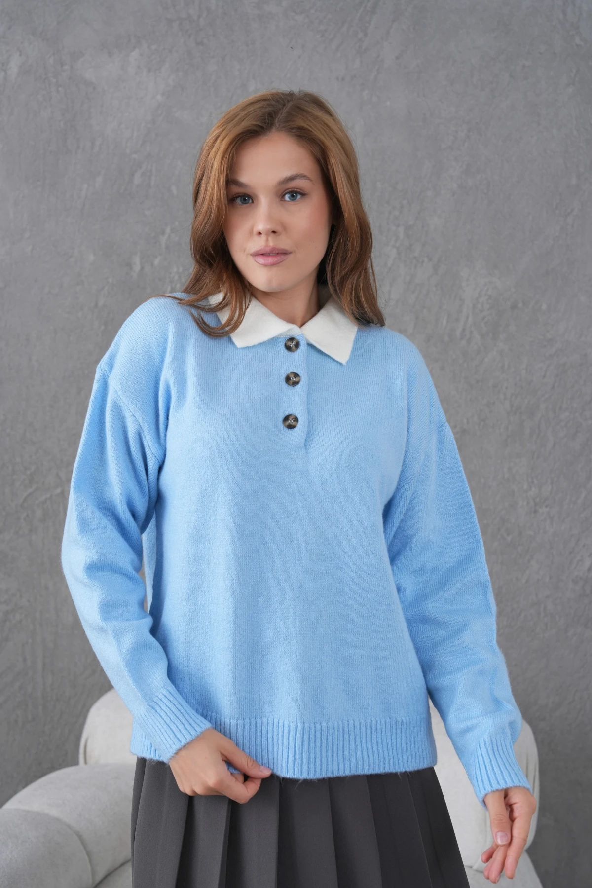 Kadın Polo Yaka Yarım Pat Düğmeli Triko Kazak