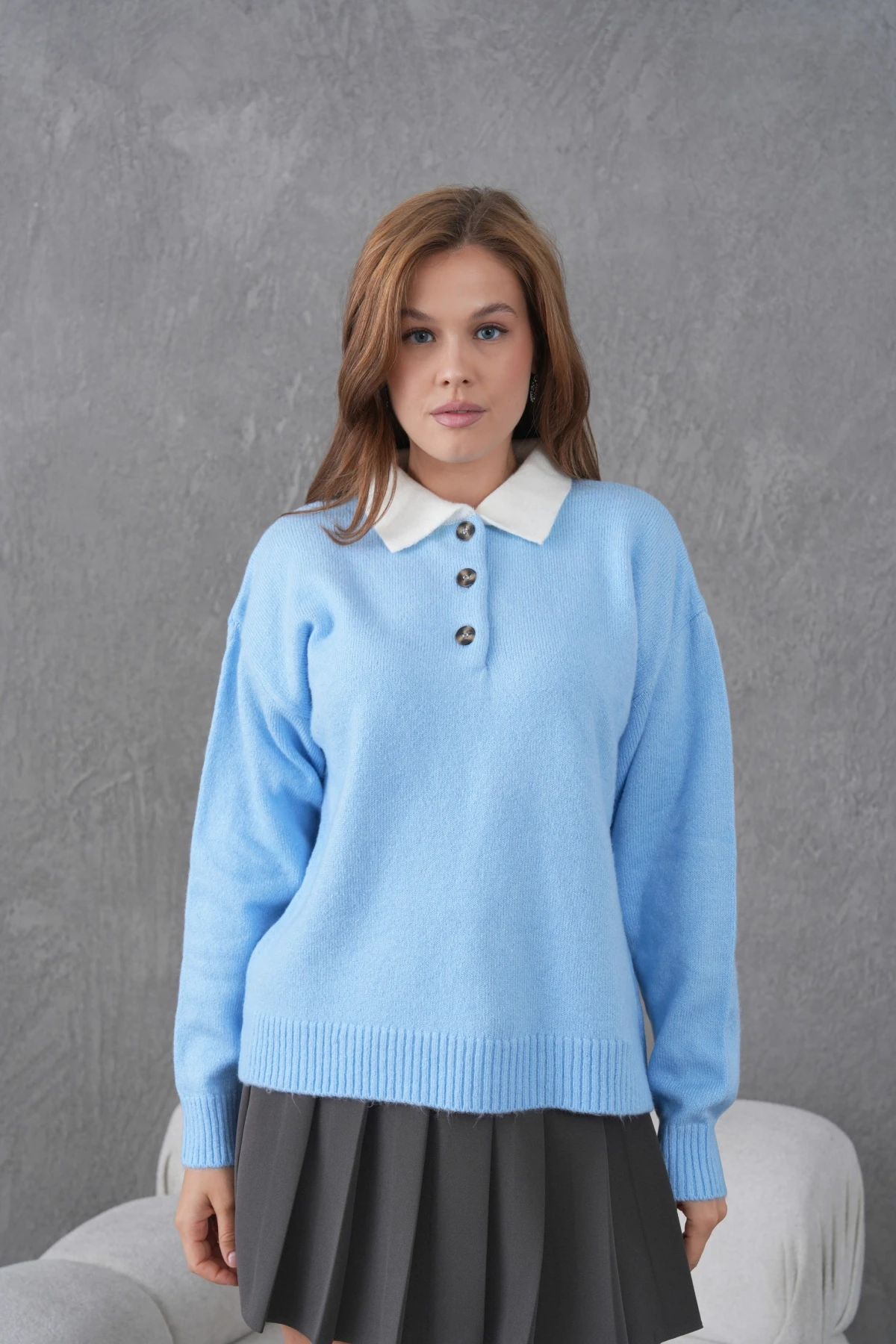 Kadın Polo Yaka Yarım Pat Düğmeli Triko Kazak