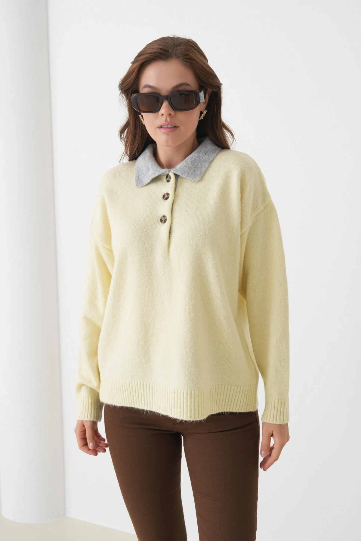 Kadın Polo Yaka Yarım Pat Düğmeli Triko Kazak