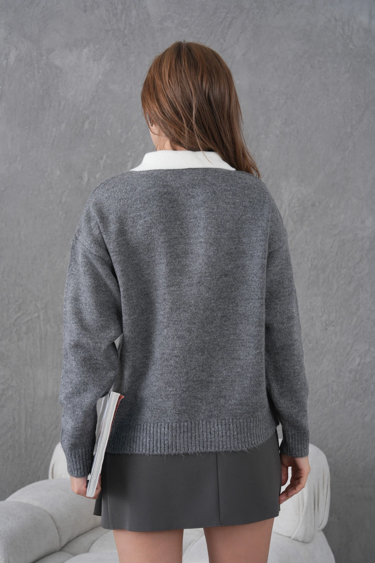 Kadın Polo Yaka Yarım Pat Düğmeli Triko Kazak