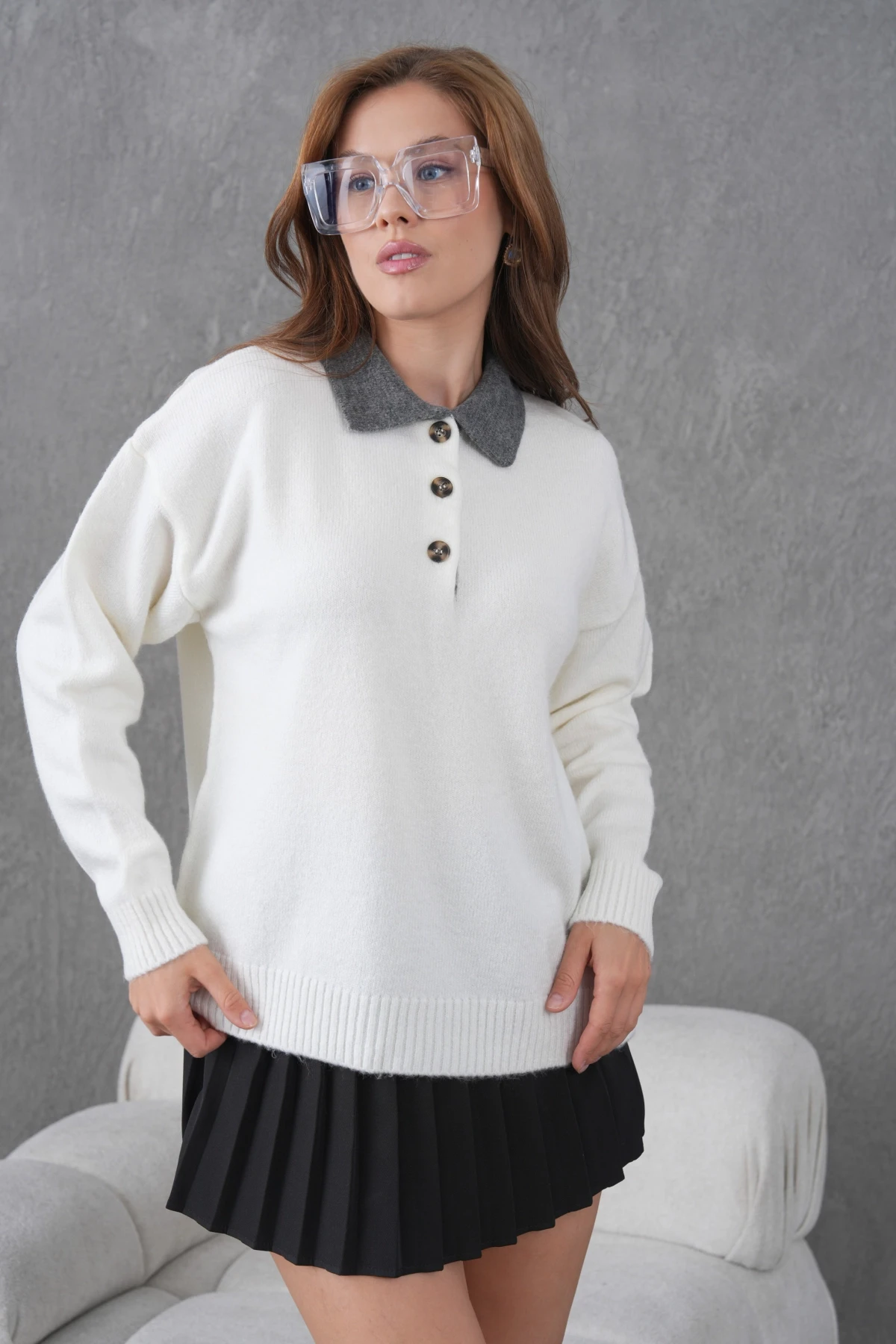 Kadın Polo Yaka Yarım Pat Düğmeli Triko Kazak