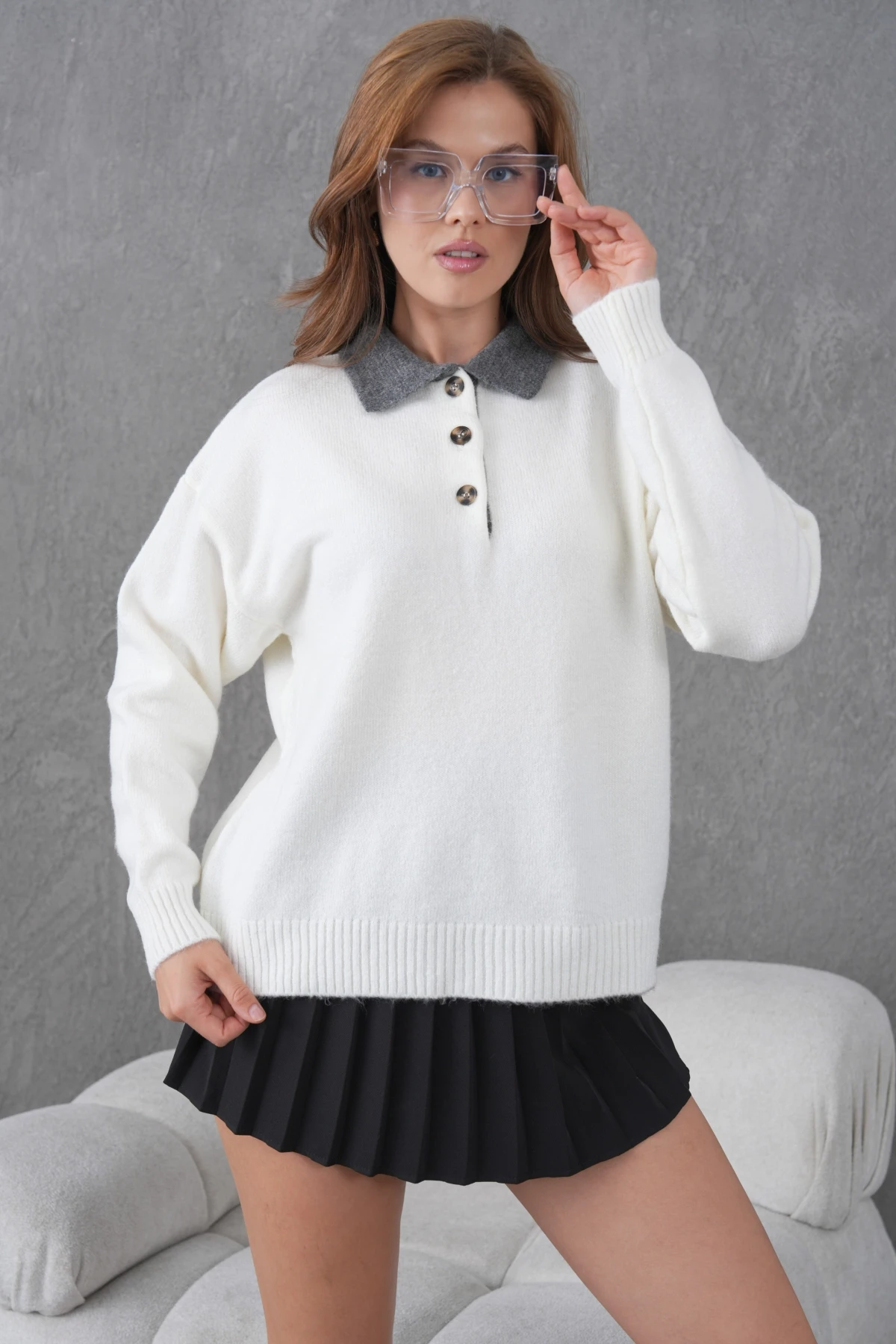 Kadın Polo Yaka Yarım Pat Düğmeli Triko Kazak