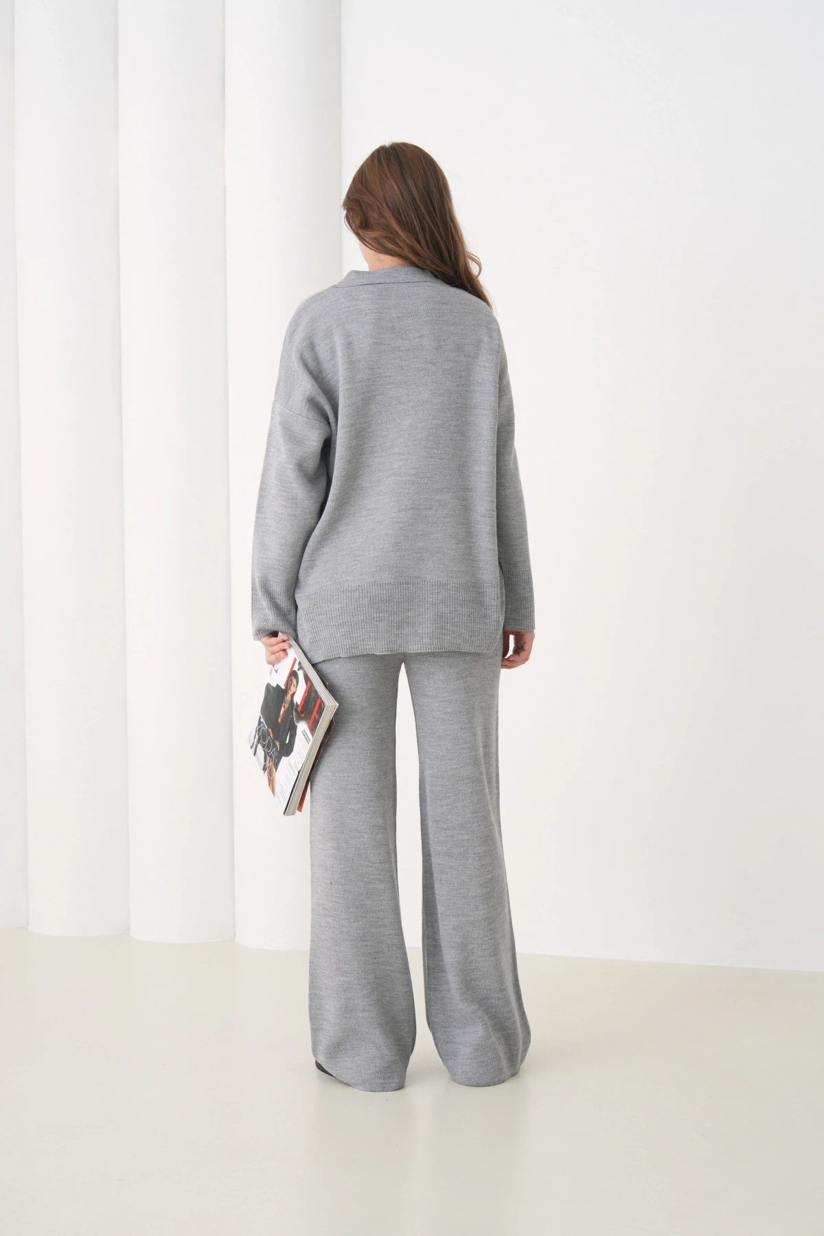 Kadın Polo Yaka Yırtmaçlı Oversize Kazak Palazzo Pantolon Triko Alt-Üst Takım