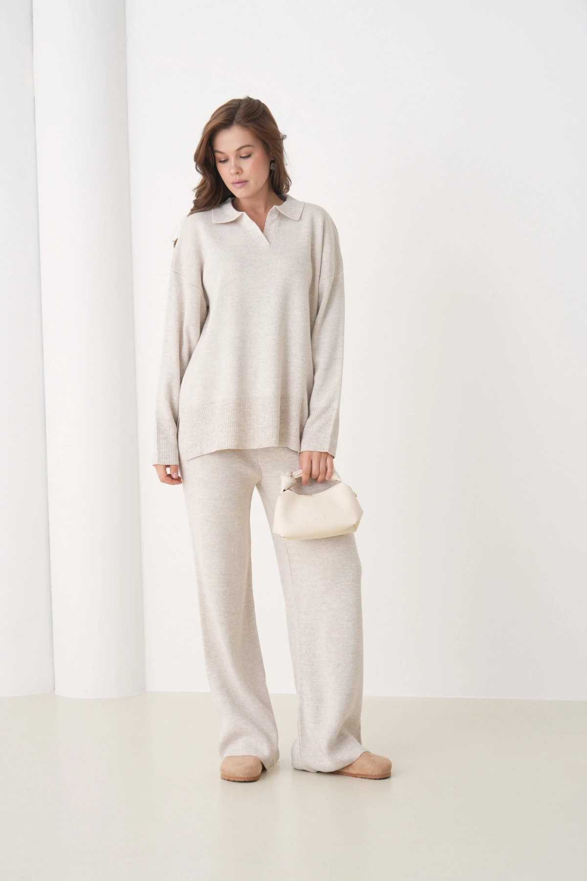 Kadın Polo Yaka Yırtmaçlı Oversize Kazak Palazzo Pantolon Triko Alt-Üst Takım