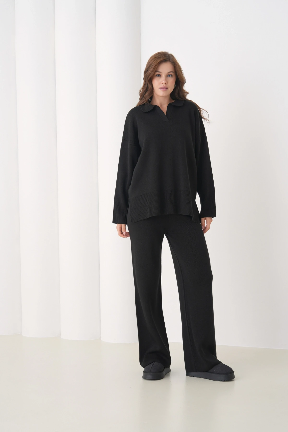 Kadın Polo Yaka Yırtmaçlı Oversize Kazak Palazzo Pantolon Triko Alt-Üst Takım