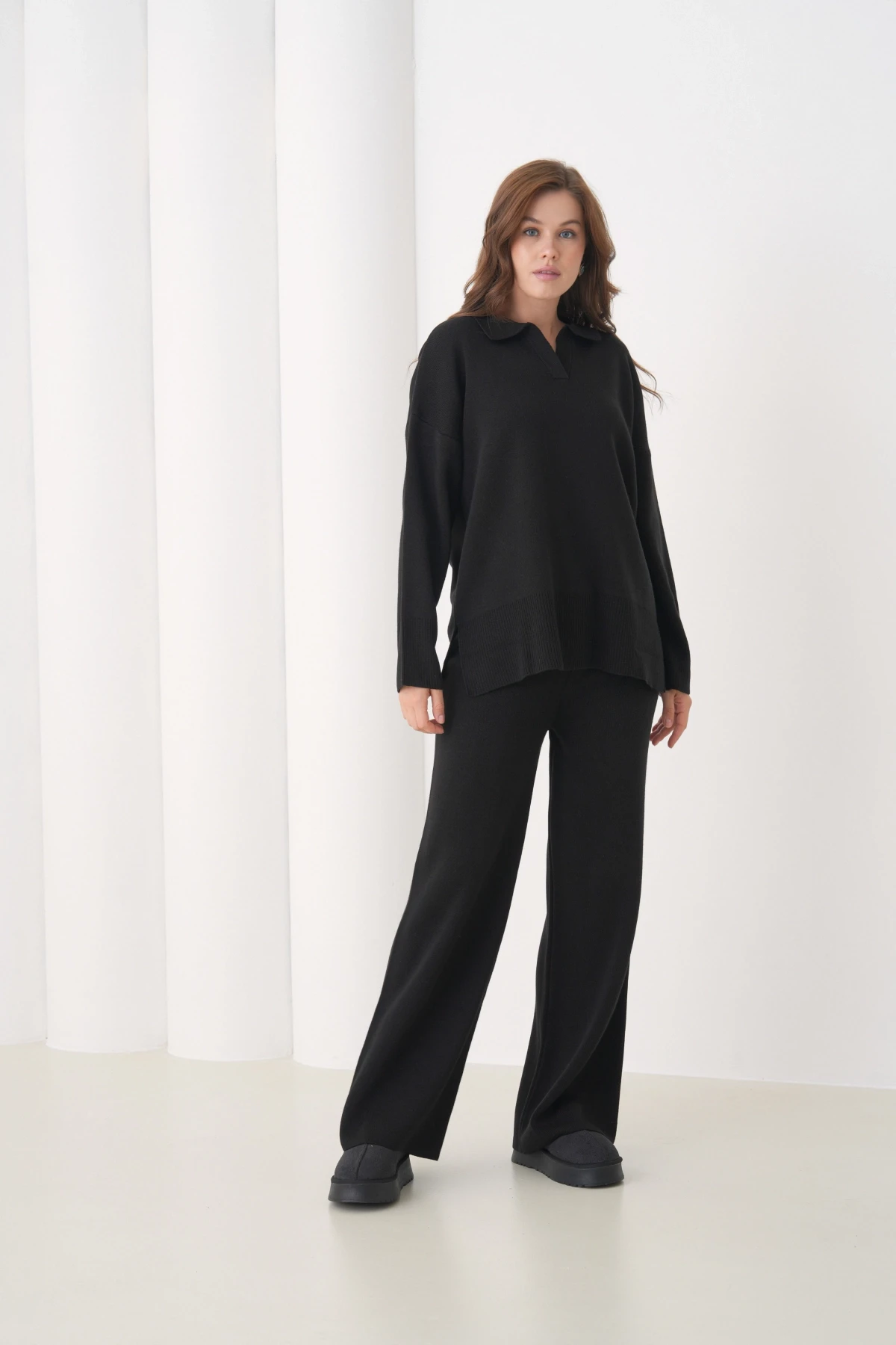 Kadın Polo Yaka Yırtmaçlı Oversize Kazak Palazzo Pantolon Triko Alt-Üst Takım