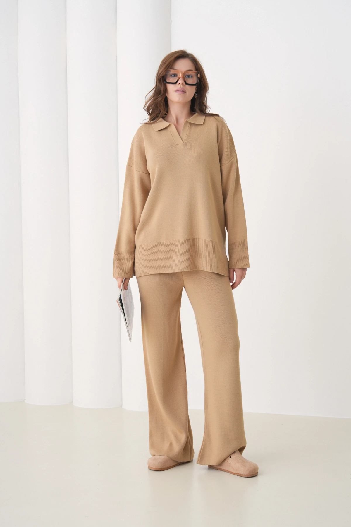 Kadın Polo Yaka Yırtmaçlı Oversize Kazak Palazzo Pantolon Triko Alt-Üst Takım