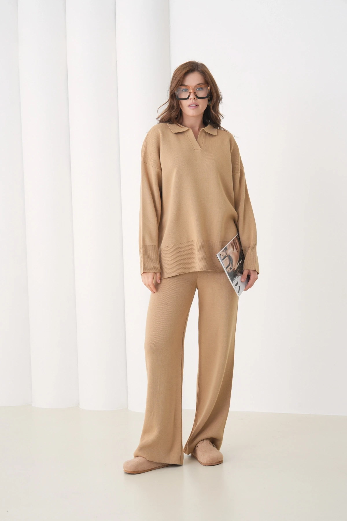 Kadın Polo Yaka Yırtmaçlı Oversize Kazak Palazzo Pantolon Triko Alt-Üst Takım