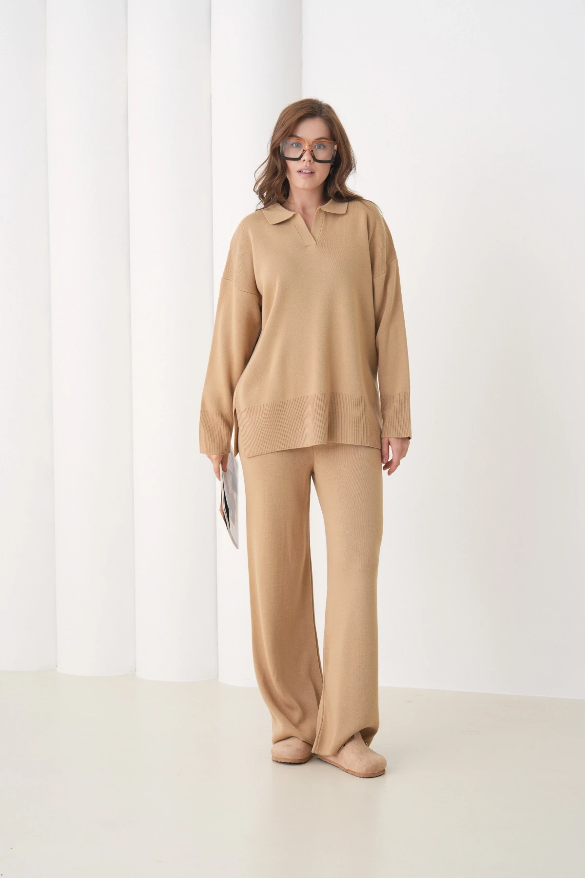 Kadın Polo Yaka Yırtmaçlı Oversize Kazak Palazzo Pantolon Triko Alt-Üst Takım