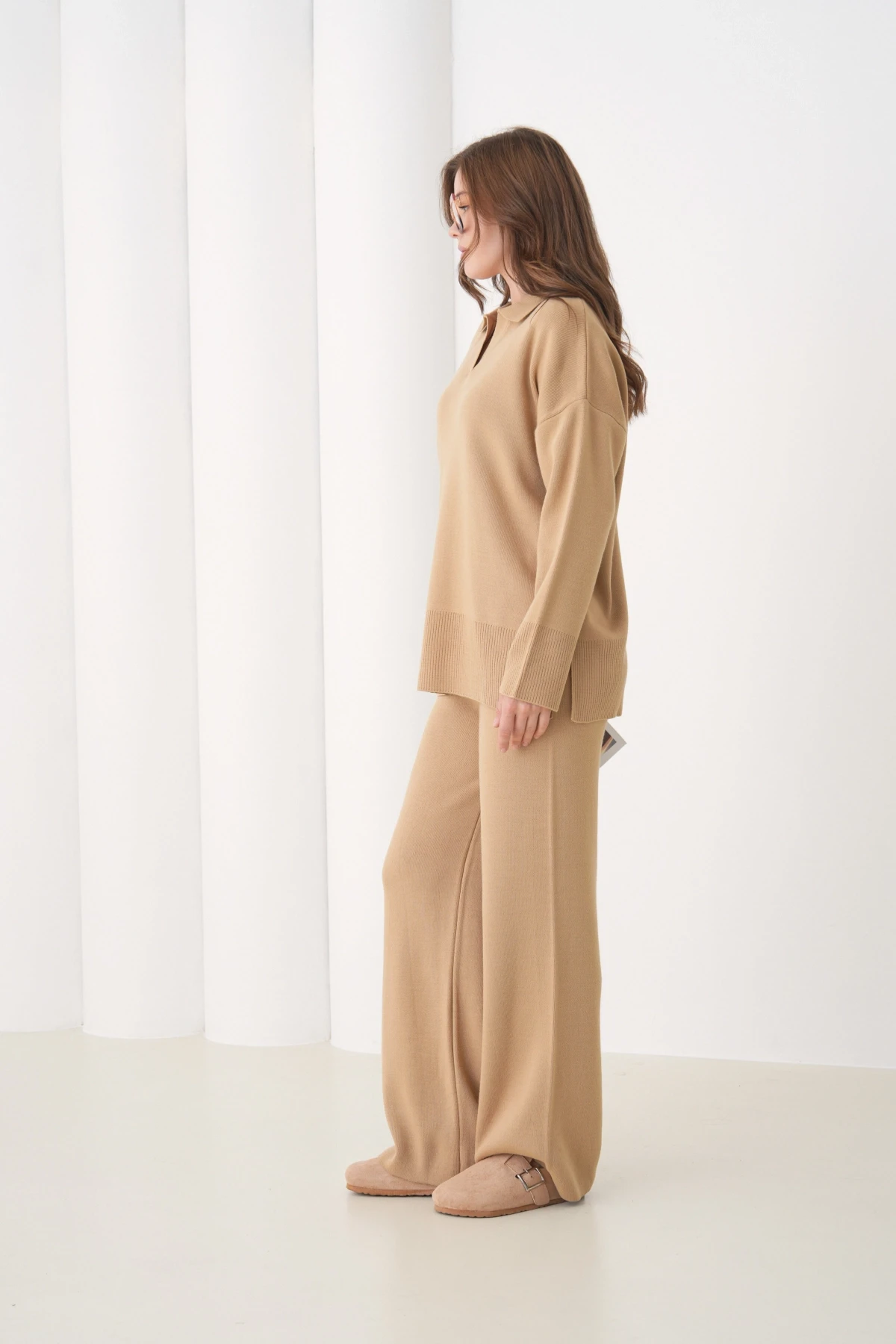 Kadın Polo Yaka Yırtmaçlı Oversize Kazak Palazzo Pantolon Triko Alt-Üst Takım